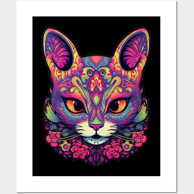 Tropical Sunrise Sugar Skull Cat Wall Art by DanielLiamGill